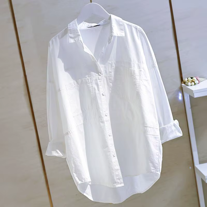 Chemises surdimensionnées en coton blanc pour femmes, chemisier tendance, double poche, manches long