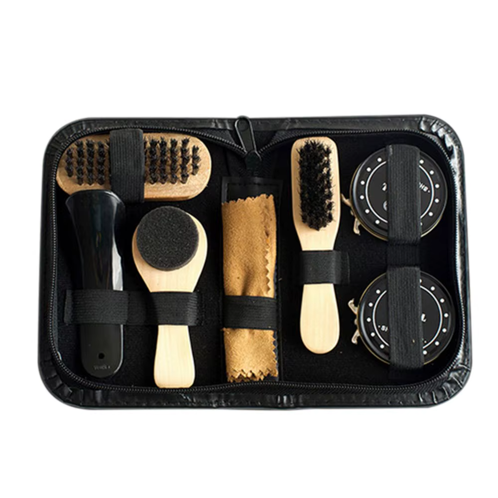 Kit d'entretien pour chaussures 8 pièces, ensemble de brosses à polir noires et transparentes