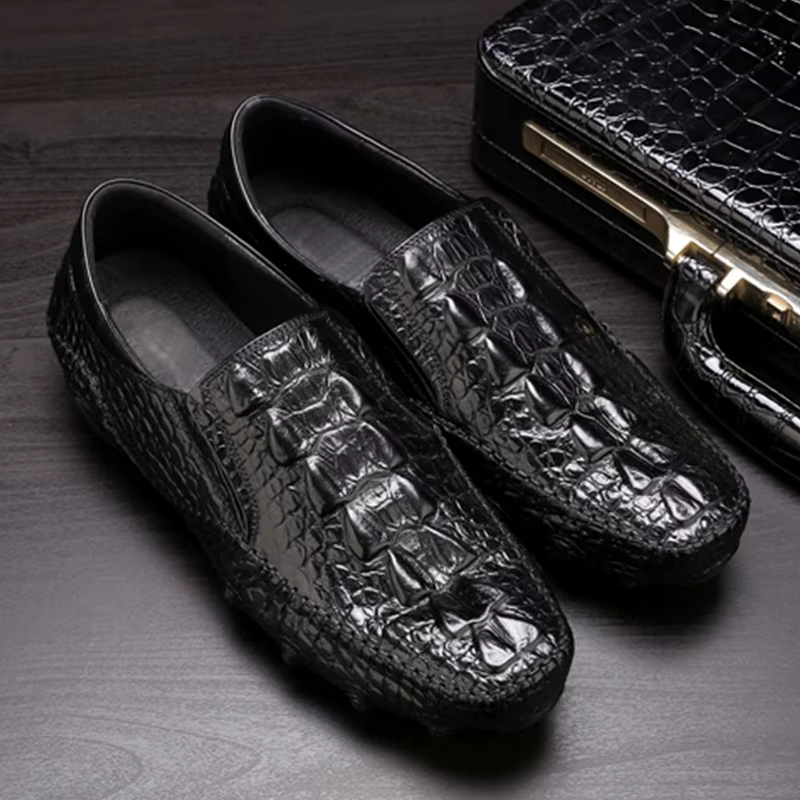 Phenkang hommes en cuir véritable été Alligator Texture Slip-On chaussures décontractées hommes moca