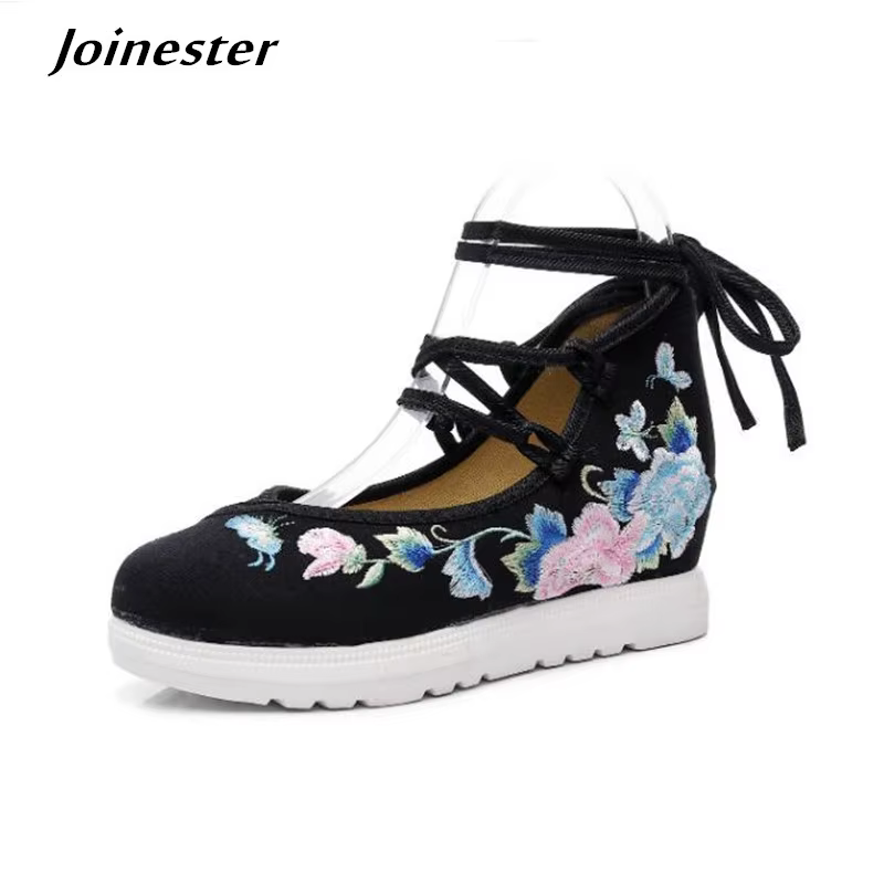 Chaussures de printemps pour femmes, brodées croisées, décontractées, en toile, Vintage, baskets eth