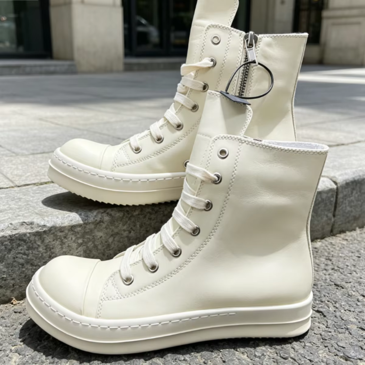 Baskets montantes décontractées pour hommes en cuir noir avec fermeture éclair et lacets fins, chaus
