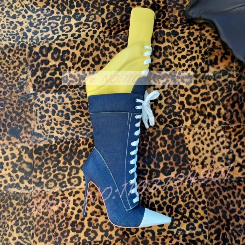 Bottes mi-hautes color-block jaune et bleu marine pour femme, tendance, à lacets, bout pointu, en je