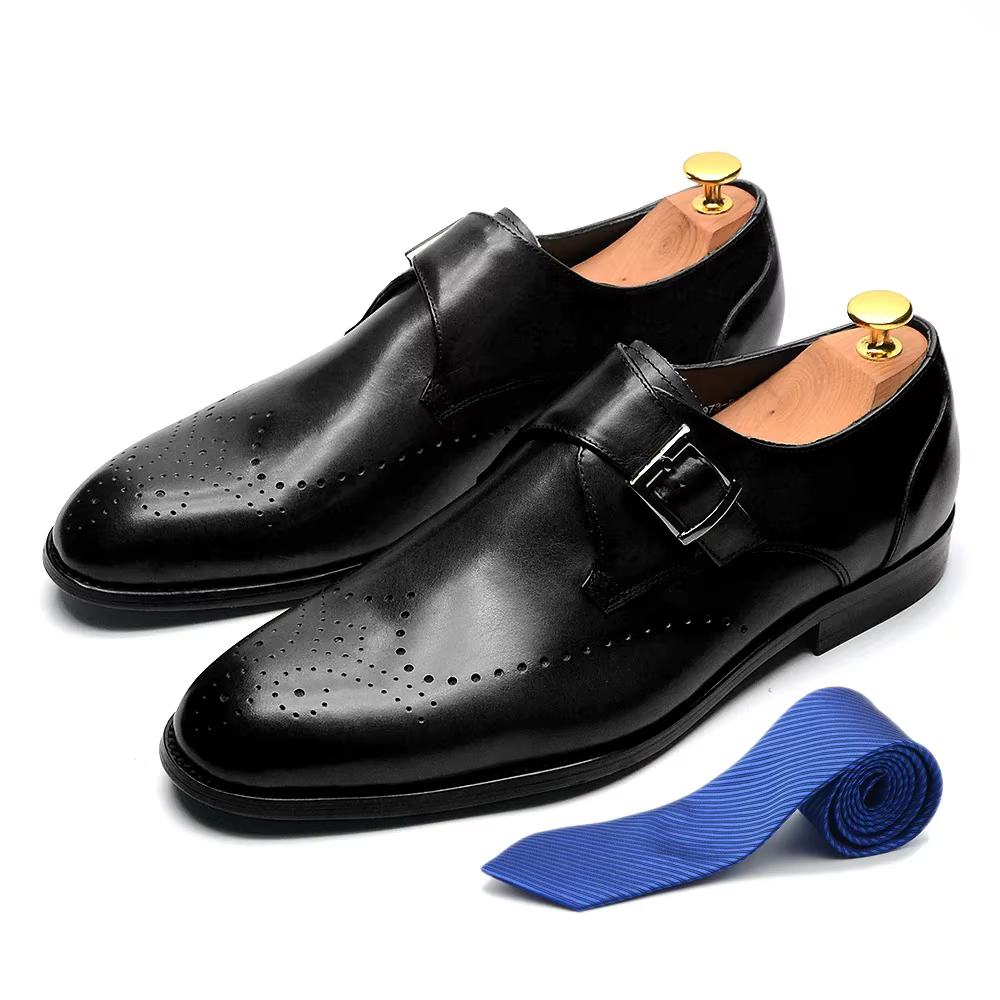 Chaussures habillées élégantes pour hommes à boucle unique en cuir véritable, vert et noir, style mo