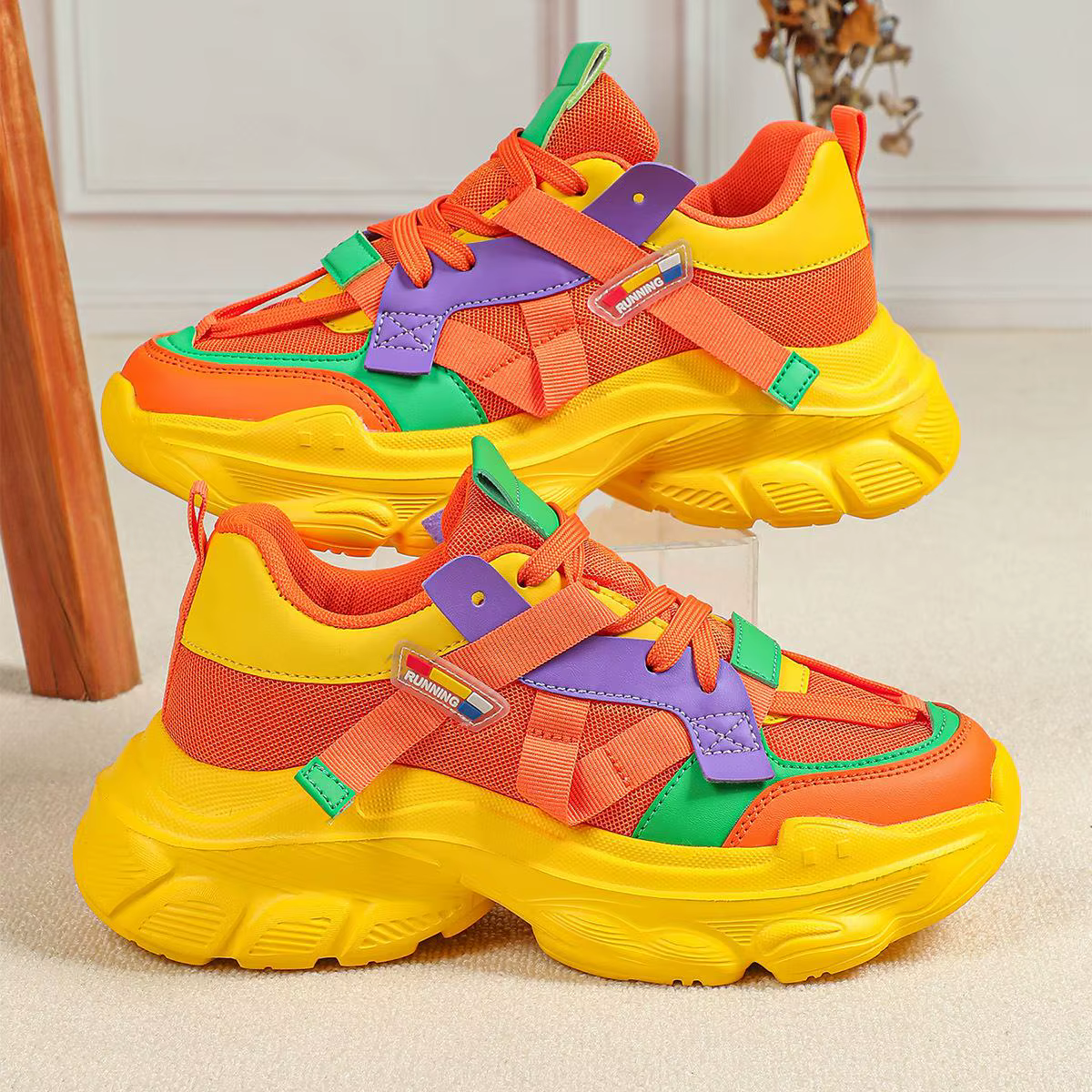 Baskets orange pour femmes, baskets de sport à plateforme, chaussures à plateforme épaisse, chaussur