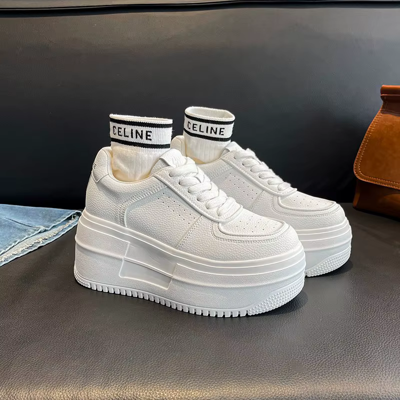 Baskets plates décontractées pour femmes avec semelle épaisse de 10 cm, blanches, en cuir, à enfiler