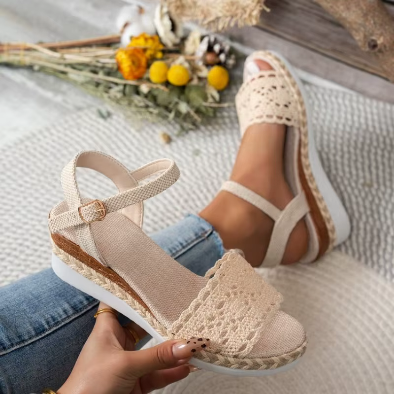 Espadrilles de sandales sous bout fermé, Bracelet de cheville Esparto avec boucle, détail en dentell