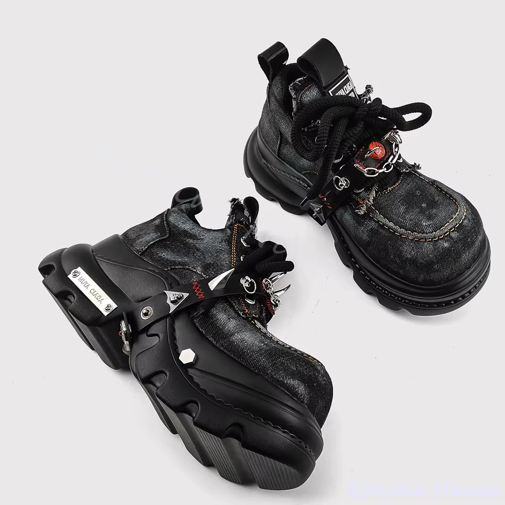 Evil Eye Punk Denim chaussures femmes décoration en métal bout rond plate-forme croix liée chaussure