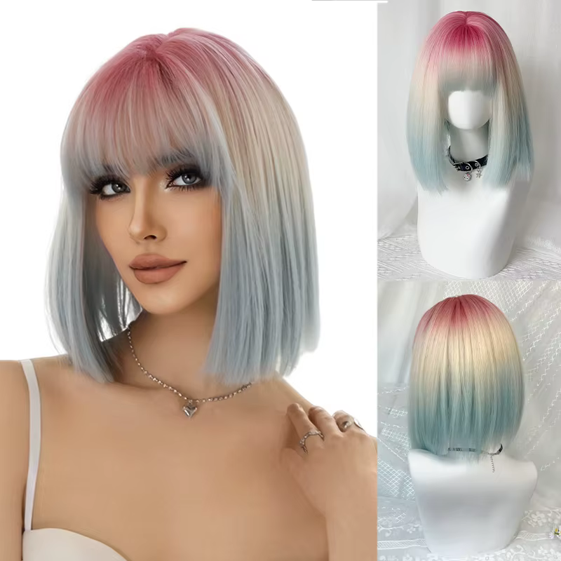 La femme avec une perruque a une coiffure bob dégradée arc-en-ciel, une perruque intégrale et des ch