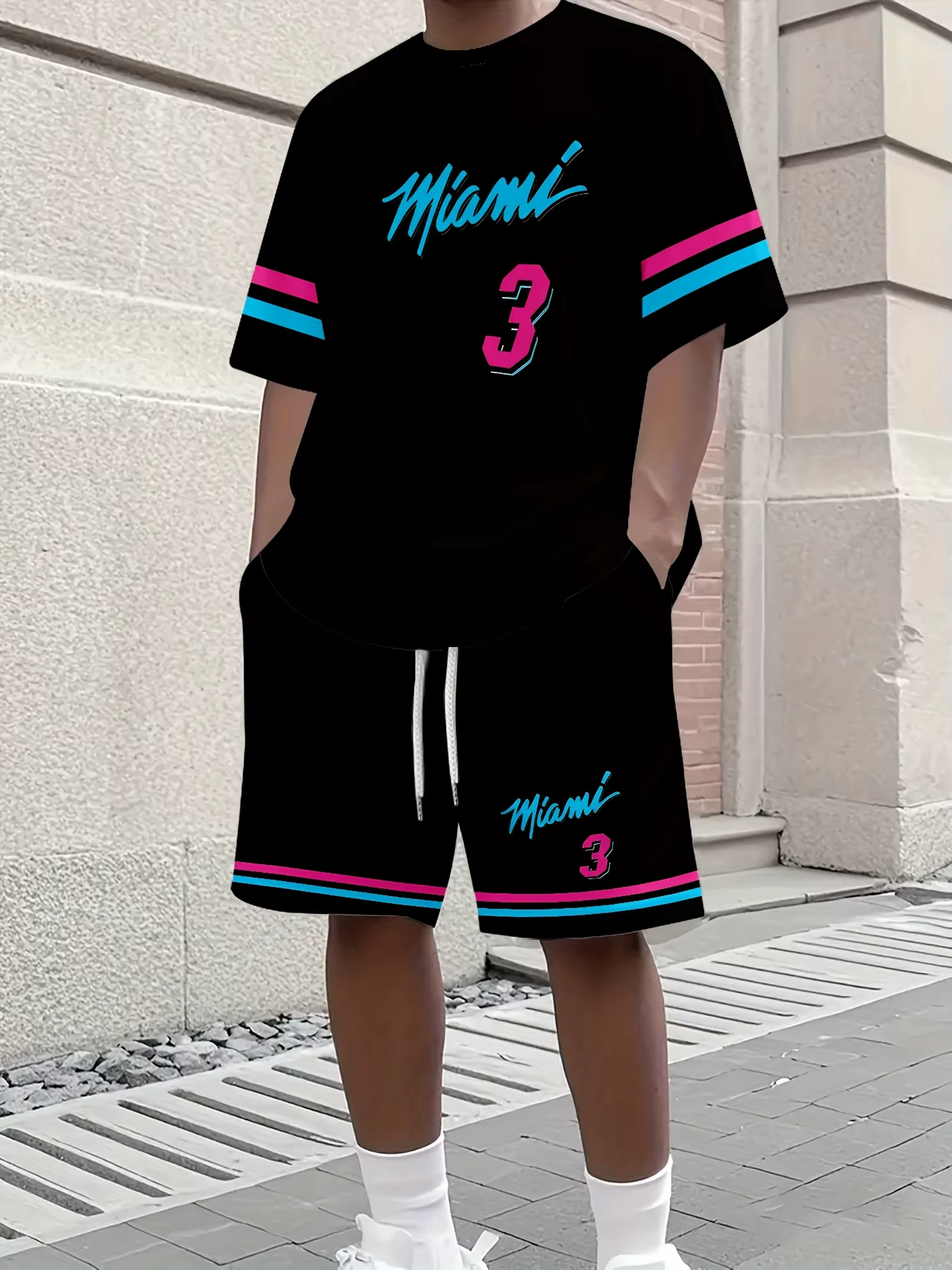 Nouvel ensemble décontracté pour homme : T-shirt à manches courtes imprimé MIAMI NO.3 et short – Mai