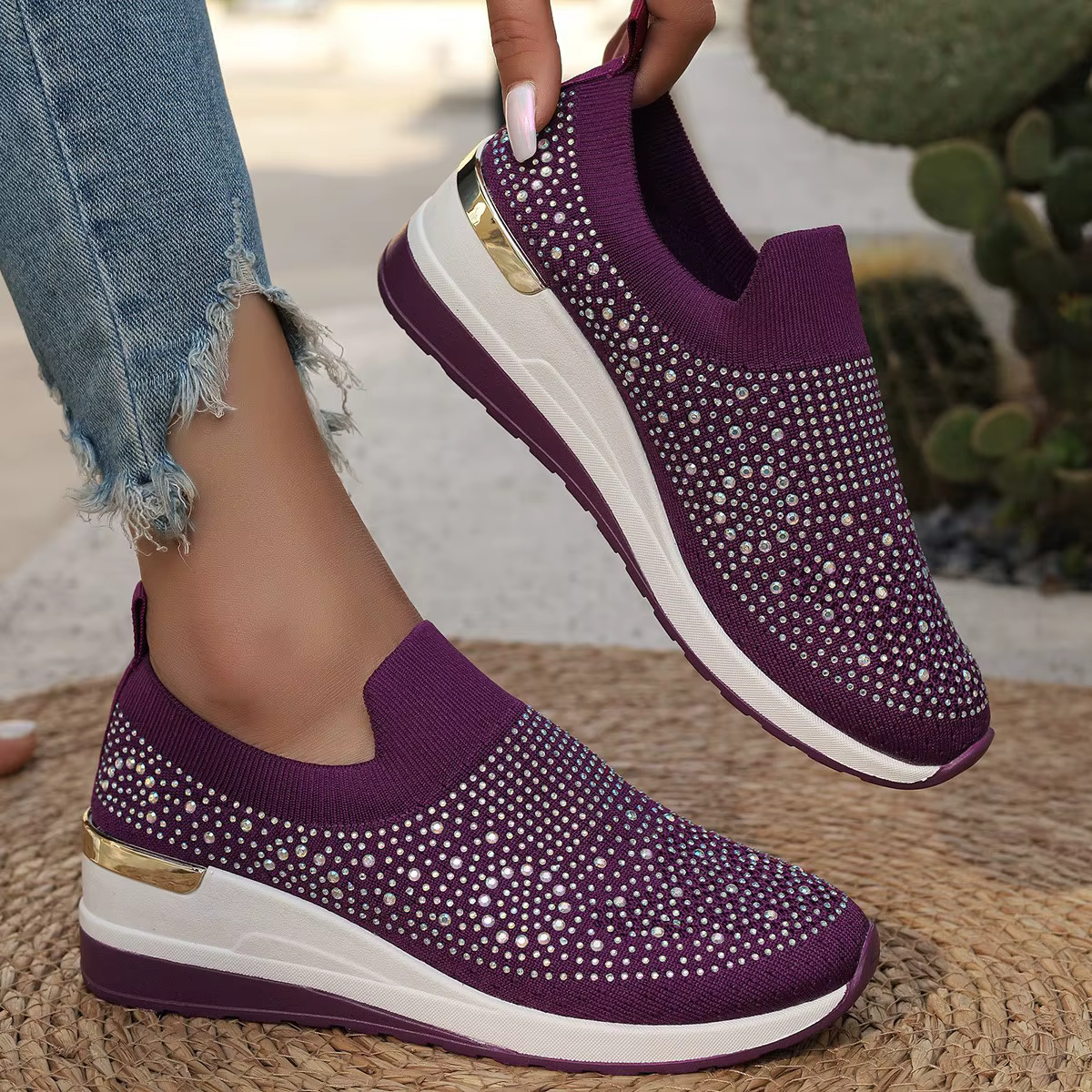 Baskets décontractées à strass Orange, chaussures légères respirantes à semelle compensée pour femme