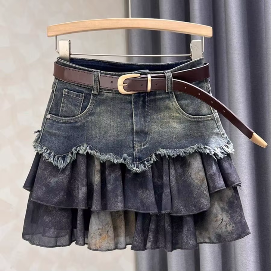 Jupe en jean style Spice Girl pour femme, été, coupe irrégulière, bords bruts, taille haute, style A