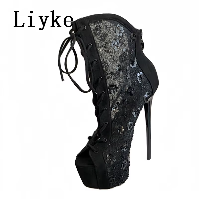 Liyke Sexy Peep Toe à lacets talons hauts plate-forme bottes pour femmes paillettes maille cheville 