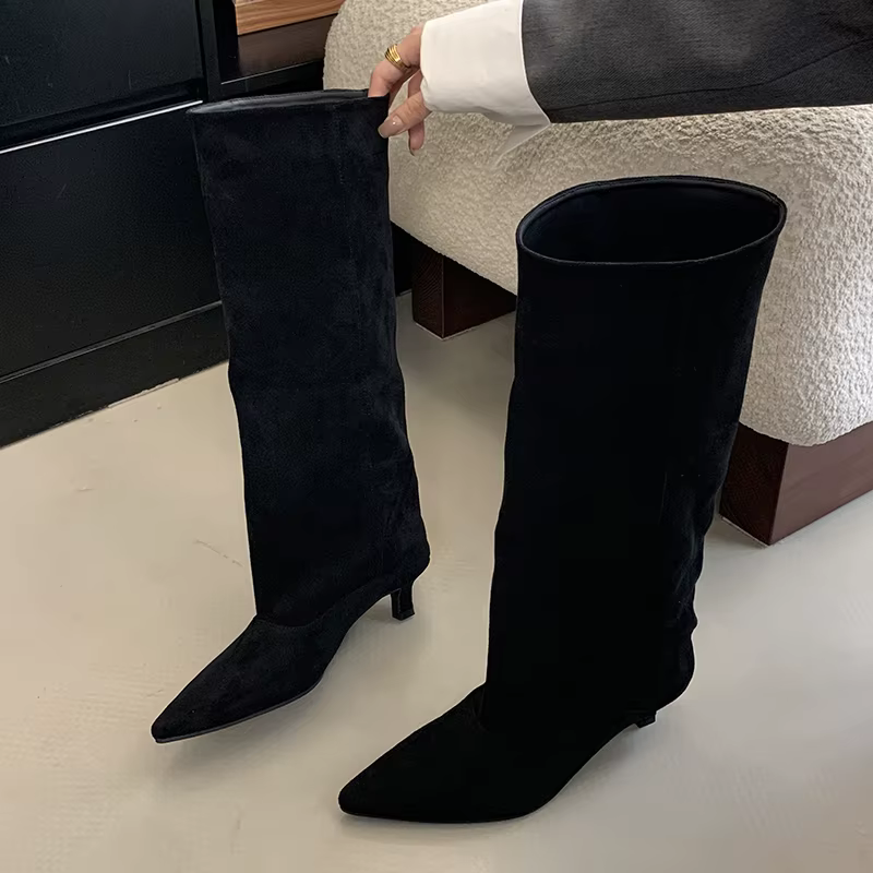 Automne hiver Style De rue bout pointu bottes hautes femmes talons bas chaussures femme chaussons lo