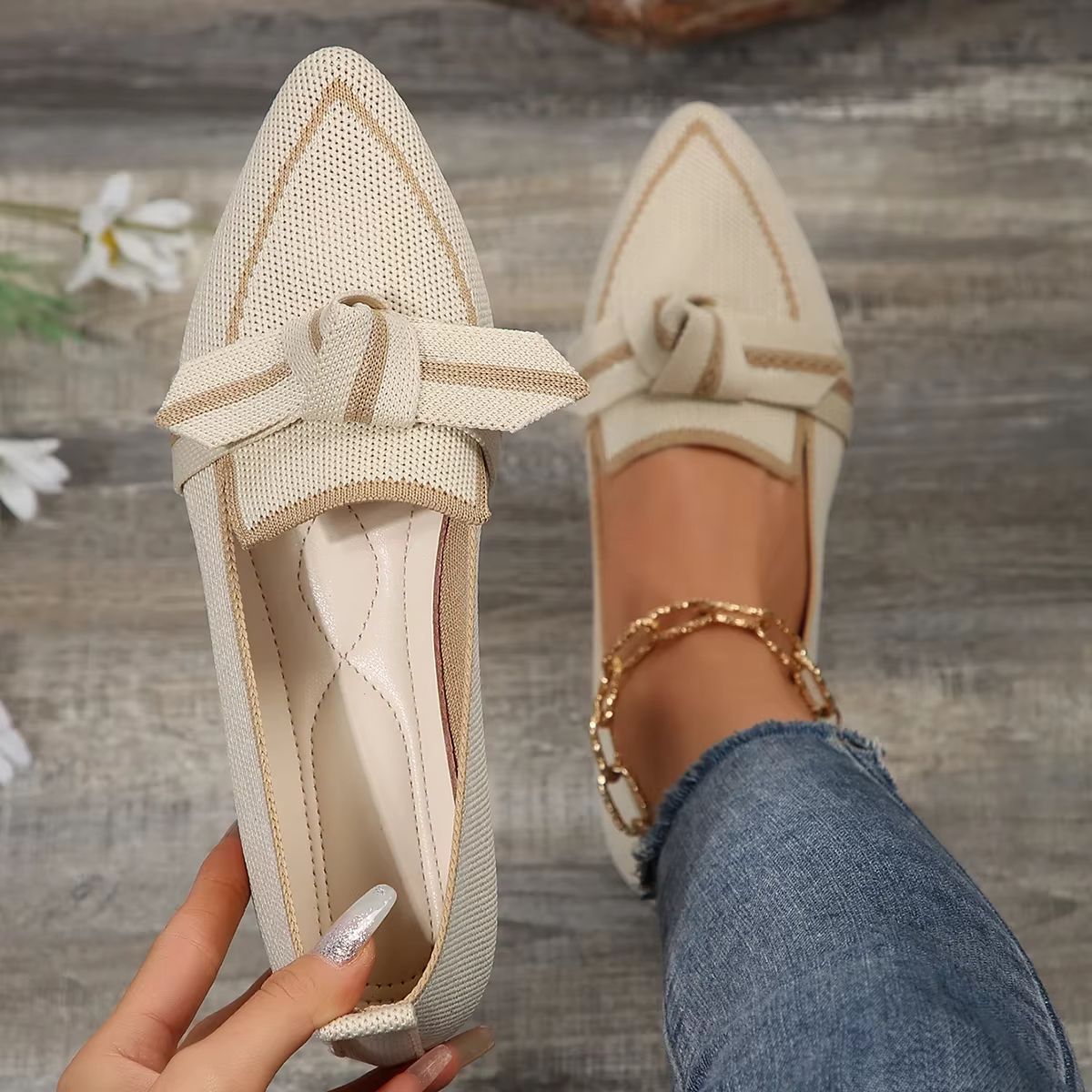 Mocassins en maille respirante pour femmes, chaussures de marche plates, haut pointu, document solid