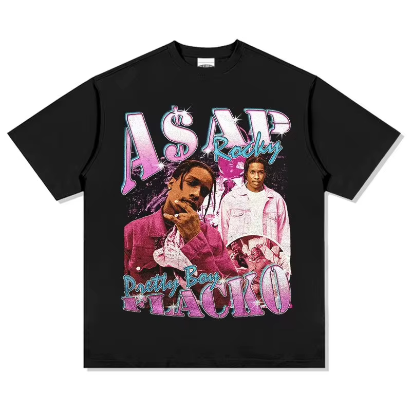 T-shirt en coton avec portrait graphique ASAP Rocky, nouvelle collection été 2026, col rond, style Y