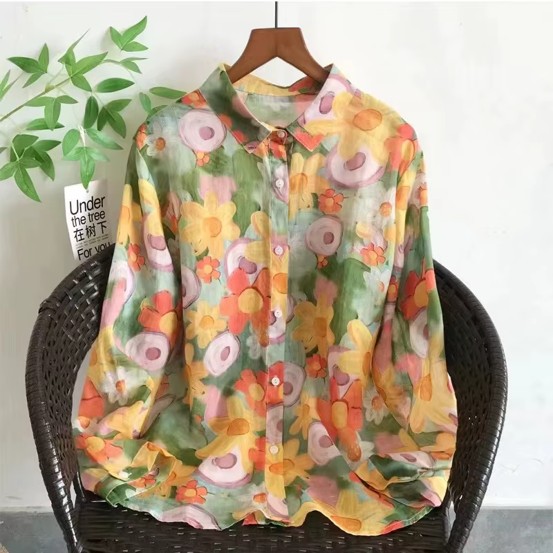 2025 chemise surdimensionnée femme été hauts femme espagne style vintage 100% ramie chemises à fleur
