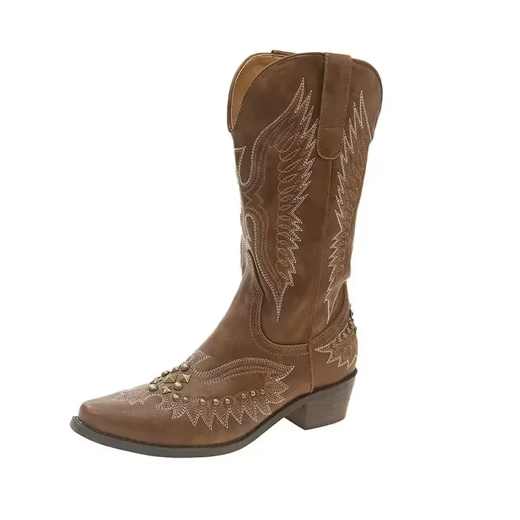 Bottes de cowboy occidentales cloutées pour femmes, bottes de chevalier mi-mollet, chaussures Parker