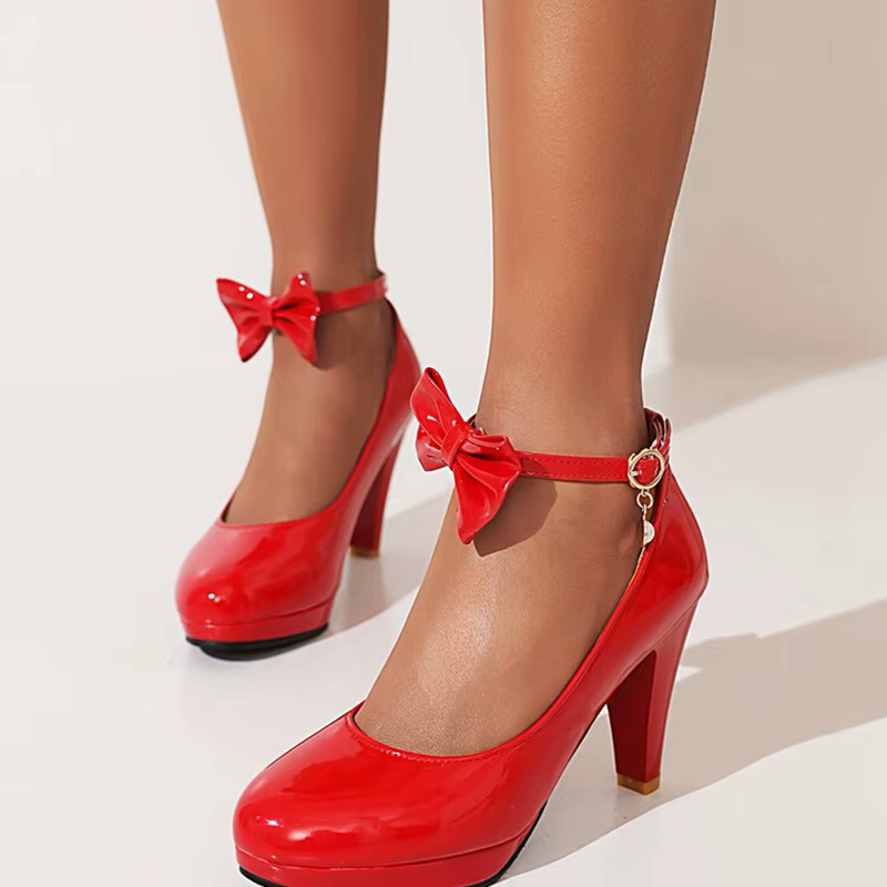 SIMLOVEYO Escarpins à plateforme pour femmes, bout rond, talons coniques, nœud papillon, bride à la 