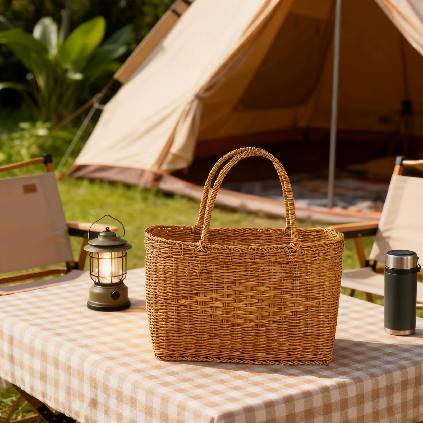 Panier de pique-nique tissé à la main, simple, portable, avec poignées, multifonctionnel pour