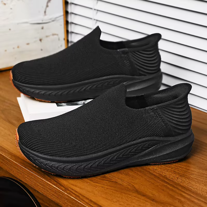 Chaussures de course noires en tricot pour hommes, respirantes, légères, confortables, antidérapante