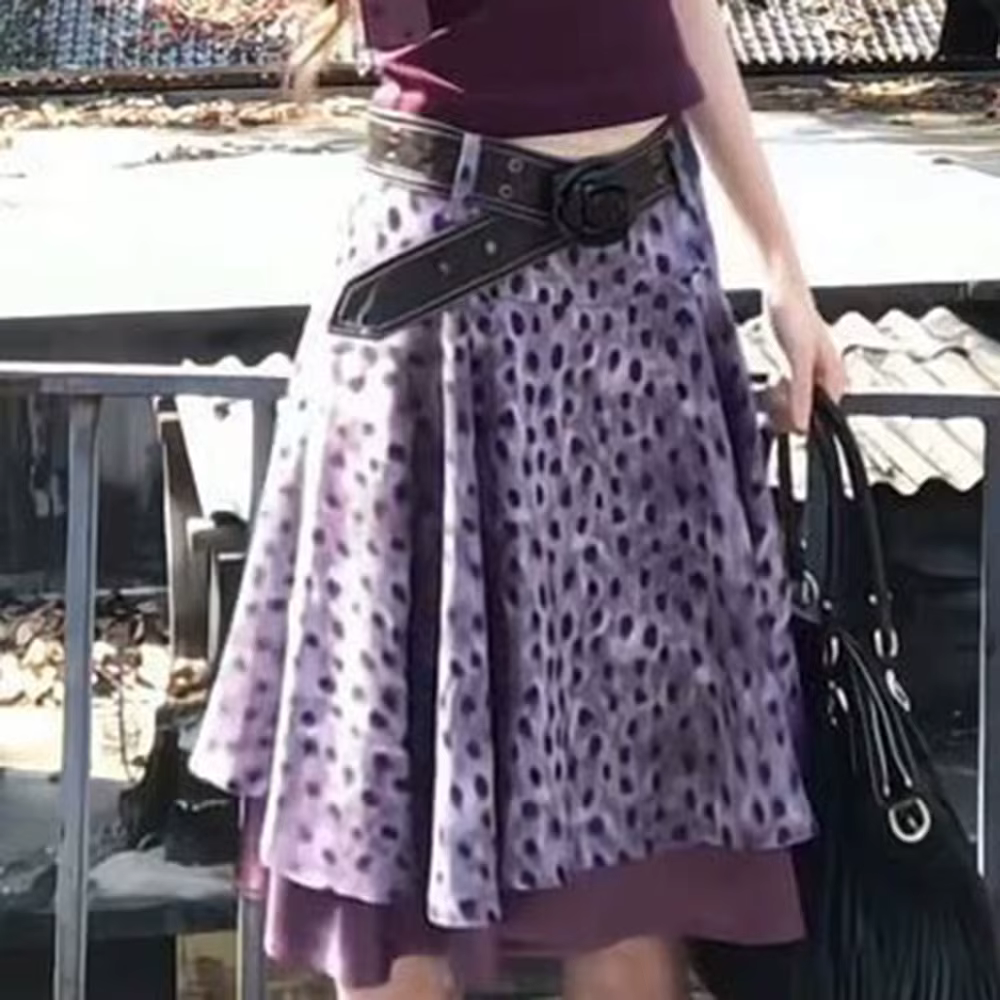 Ensemble style Spice Girl, haut sans manches violet charmant, jupe à pois taille haute, coupe réguli