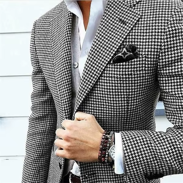 Style italien hommes Blazer pied de poule décontracté homme costume veste revers cranté une pièce vé