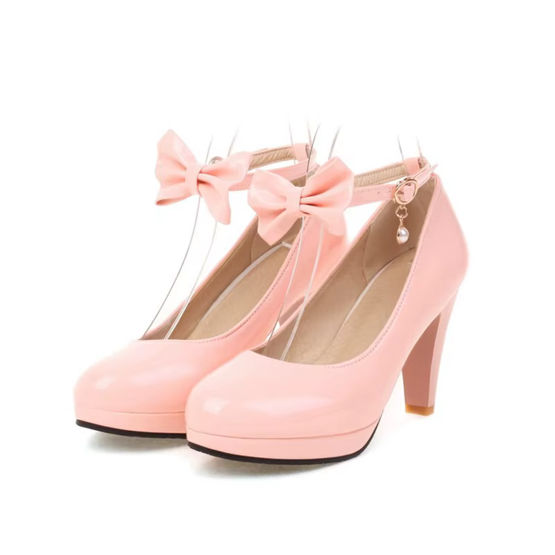 SIMLOVEYO Escarpins à plateforme pour femmes, bout rond, talons coniques, nœud papillon, bride à la 