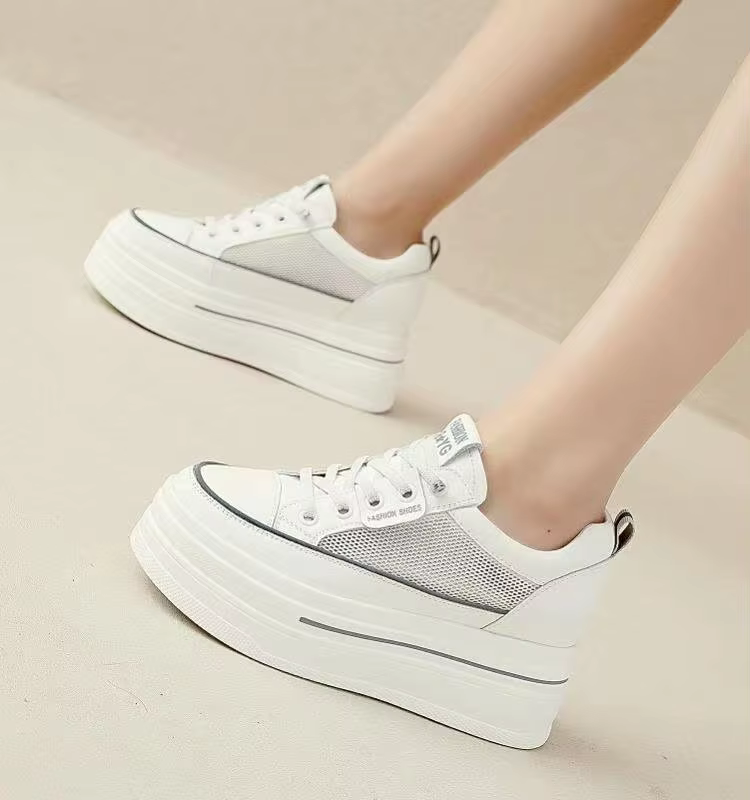 Baskets compensées en cuir blanc pour femme, à talon dissimulé, décontractées, basses, à lacets, pou