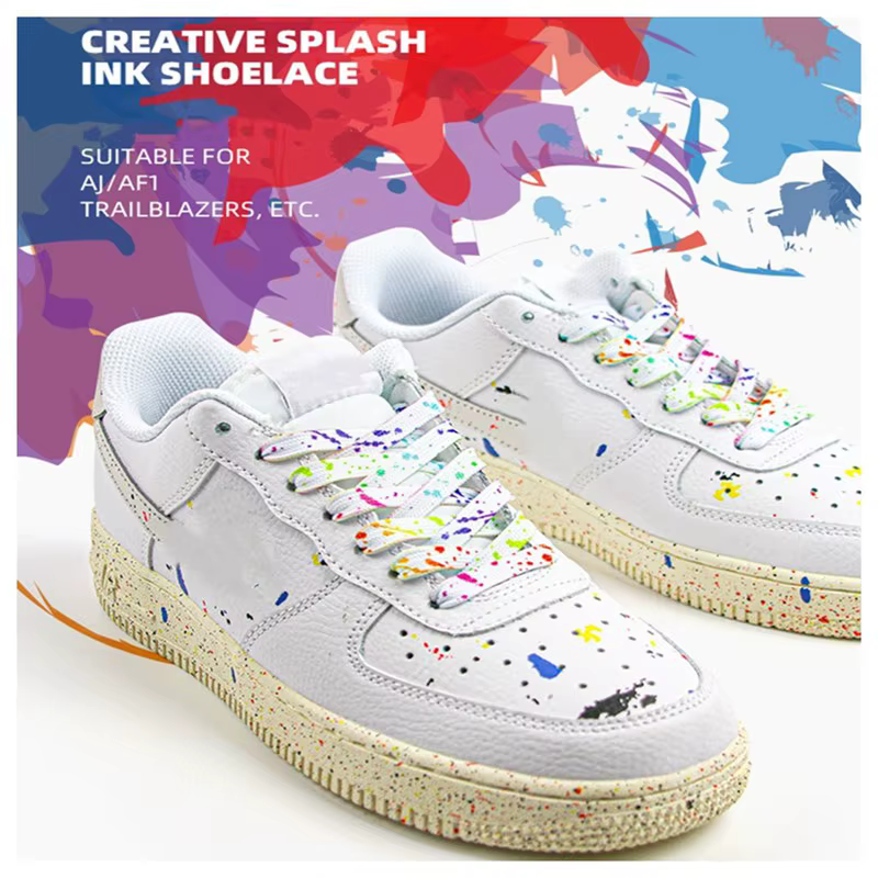 Lacets lumineux arc-en-ciel pour baskets, tissu de qualité, éclaboussures d'encre, mode, 0.8cm, plat
