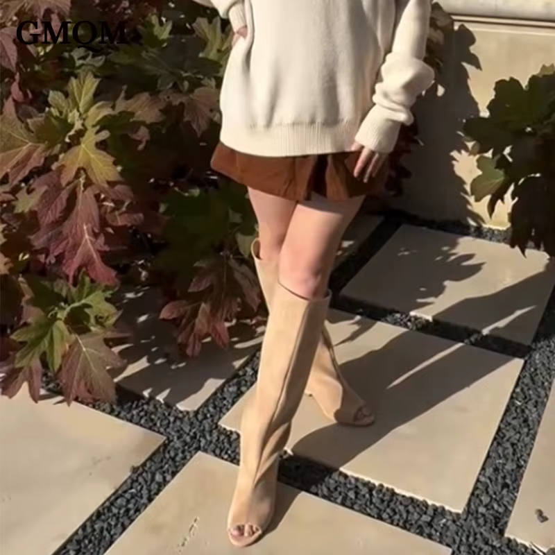 GMQM 2025 nouvelles femmes Slouchy genou bottes hautes bout ouvert talon compensé large mollet tirer