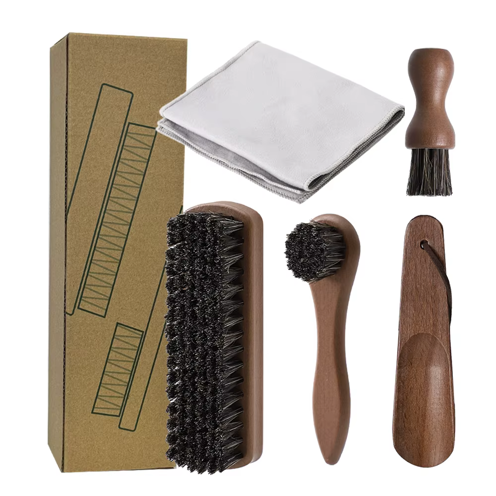 Kit de brillance de chaussures en crin de cheval 5 pièces-ensemble de soins de chaussures en cuir Po