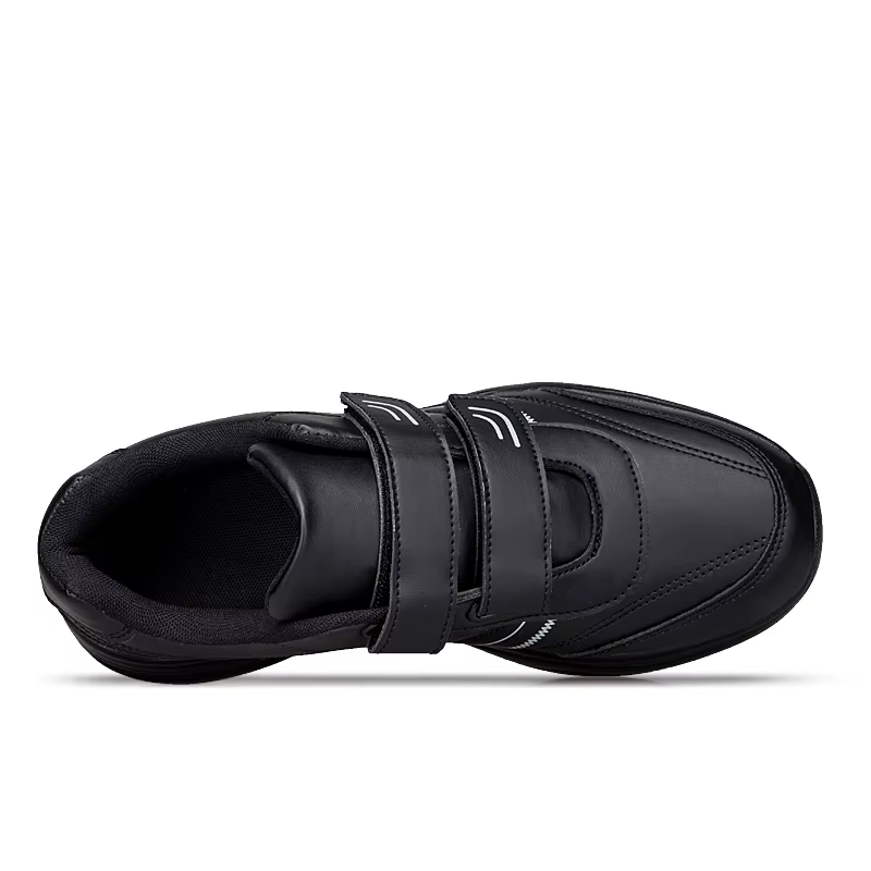 Chaussures de sport décontractées en cuir noir pur pour hommes, ajustables avec fermeture auto-agrip