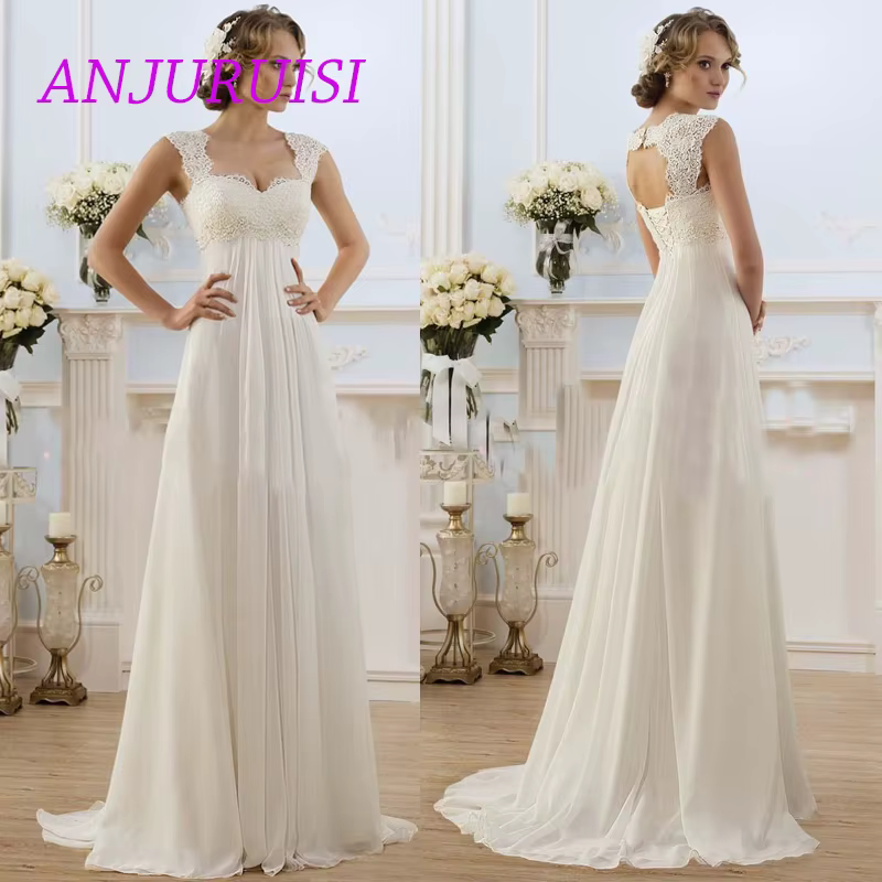 Robe de mariée en mousseline taille empire pour femme, avec appliques en dentelle, modèle 2026, coup