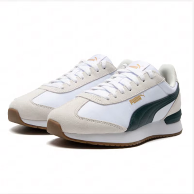 PUMA Baskets décontractées rétro légères antidérapantes en daim blanc et vert foncé avec surpiqûres 