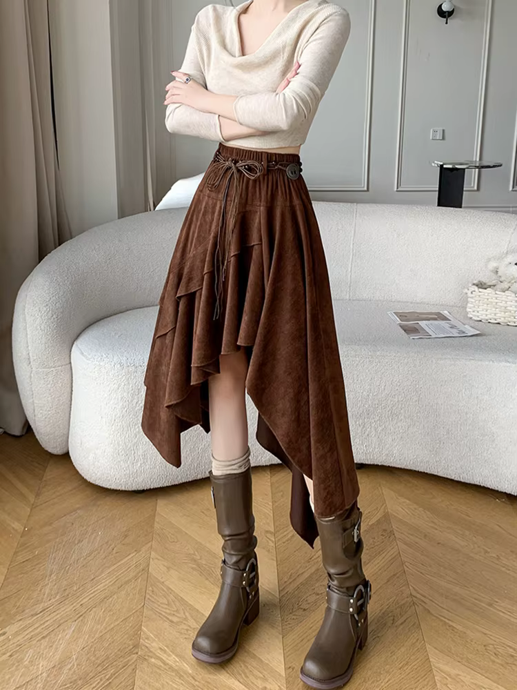 Jupe mi-longue en daim asymétrique rétro américain pour femme, Style bohème, Vintage, automne hiver,