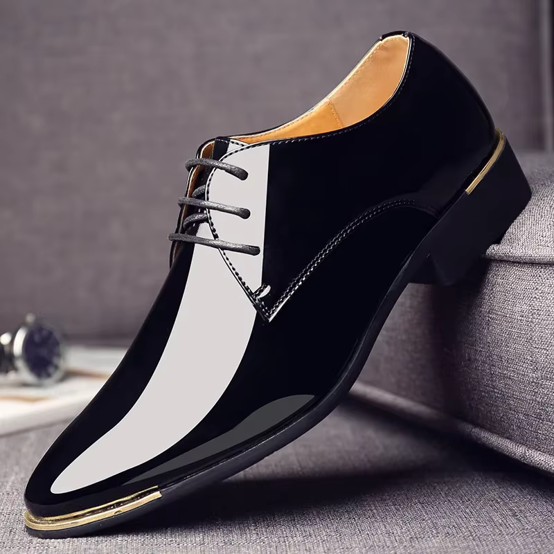 Chaussures en cuir verni pour hommes, chaussures habillées de Style britannique à lacets, bout point