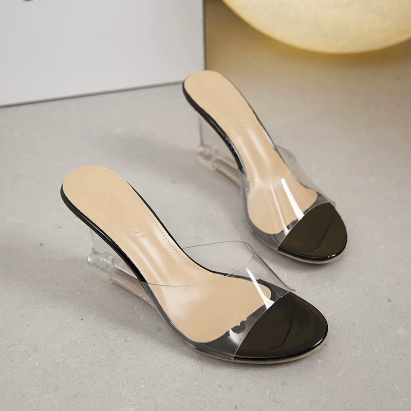 2025chaussures pour femmes été nouvelle mode sans lacet talons hauts cristal coin femme Peep Toe pan