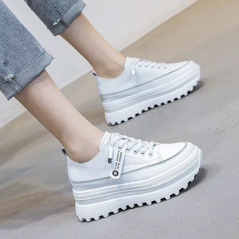 Chaussures blanches en cuir véritable, baskets épaisses à plateforme, décontractées, confortables et