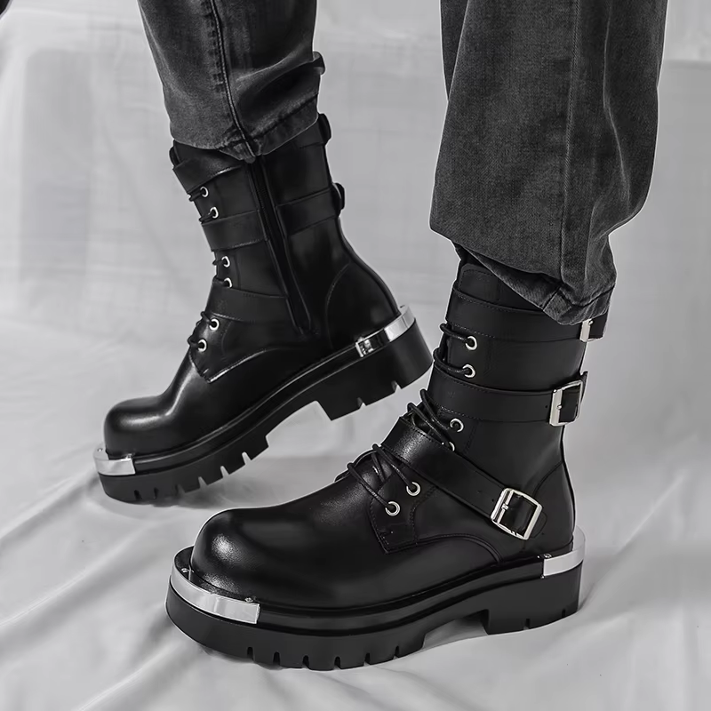 Style Punk hommes bottes mode boucle de ceinture conception mi-mollet botte haute qualité en cuir bo
