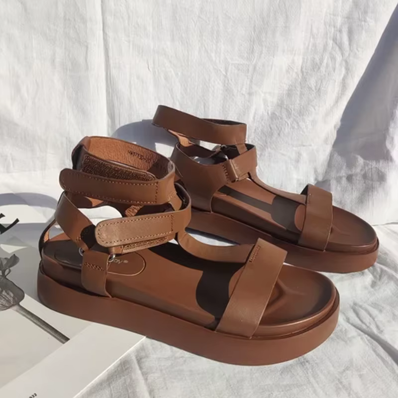 BeauToday – sandales gladiateur en cuir de veau véritable pour femmes, bout ouvert, sangle en T, sem