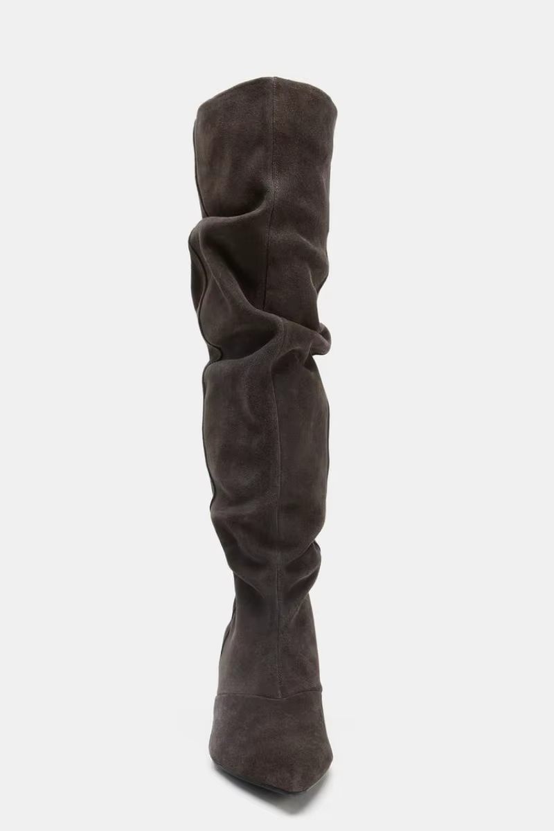 Hiver plissé daim genou bottes hautes femmes rétro marron bout pointu chaton talons bottes concepteu