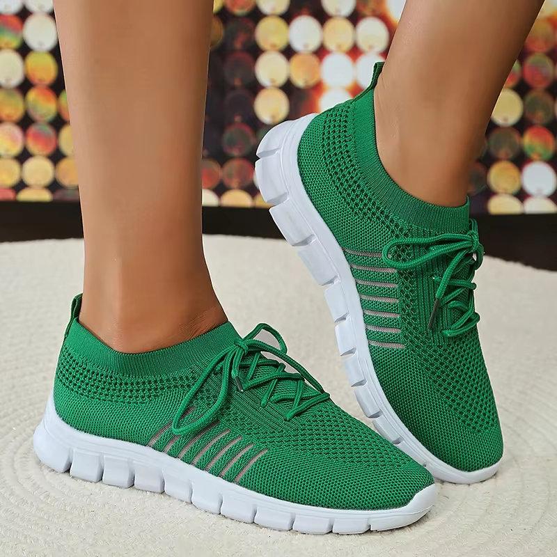 Chaussures de Marche Tricotées à Semelle Souple Verte pour Femme, Baskets Confortables en Maille Res