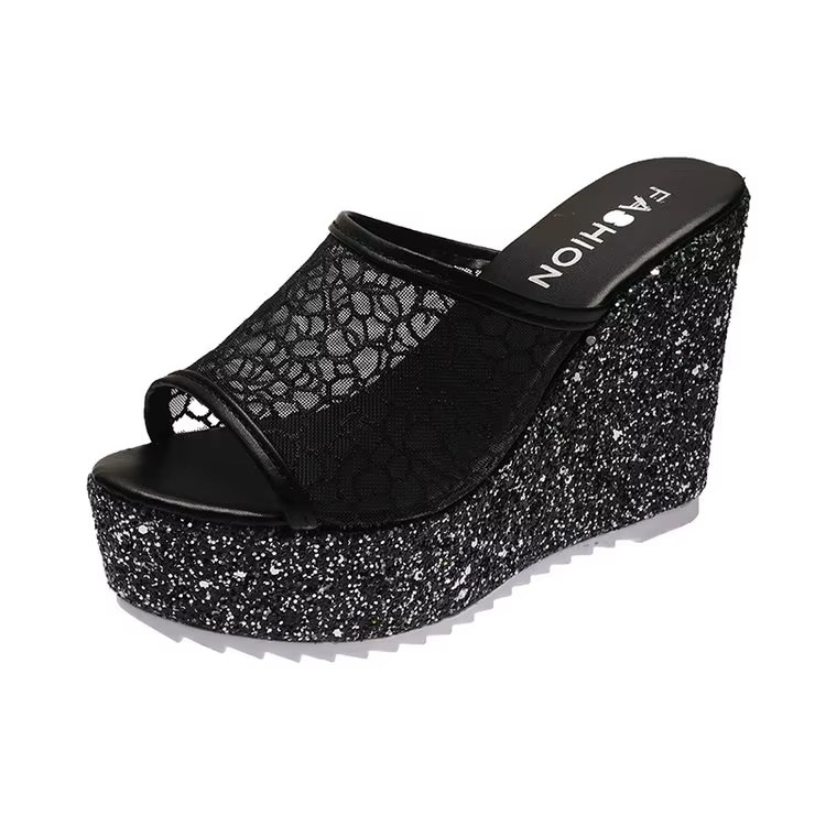 Pantoufles Bling Dorées pour Femmes, Chaussures d'Été, Plateforme 4cm, Salle d'ACH Extérieure 11cm, 