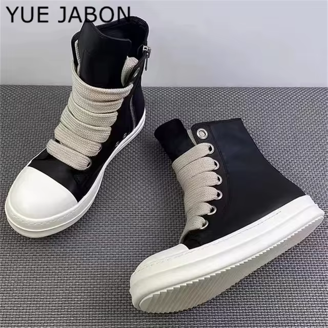 Baskets montantes en cuir à plateforme plate pour hommes et femmes, chaussures en toile noires, bott