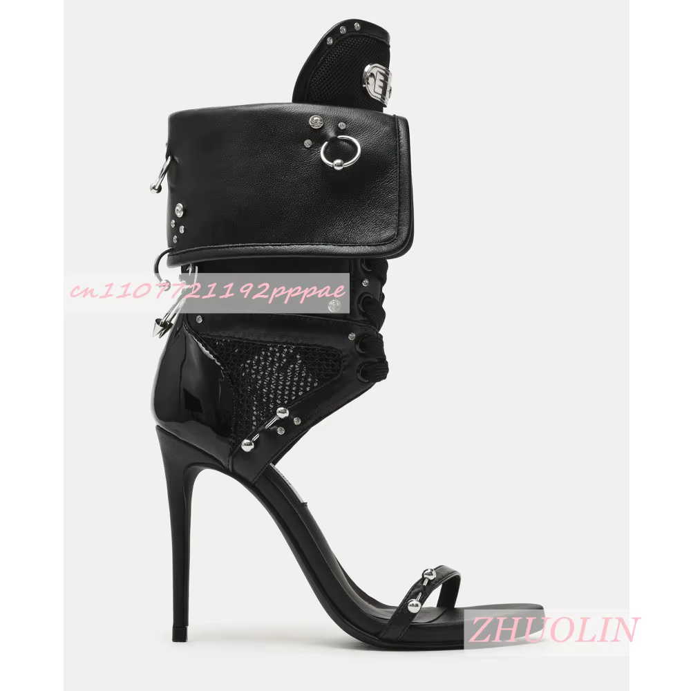 Nouvelles sandales bottes d'été 2026 noires à clous pour femme, à talon aiguille, bout rond, à lacet