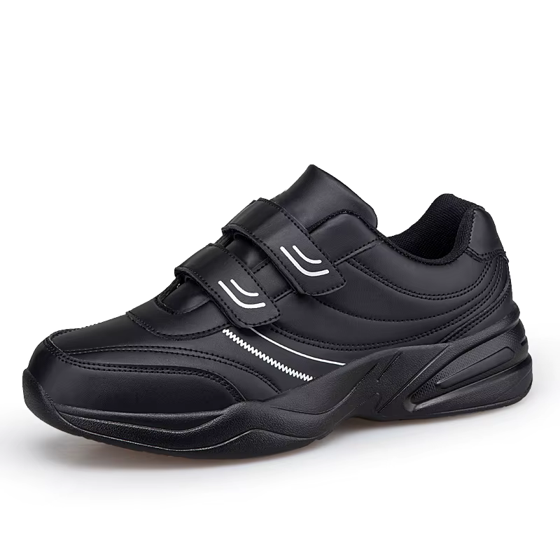 Chaussures de sport décontractées en cuir noir pur pour hommes, ajustables avec fermeture auto-agrip