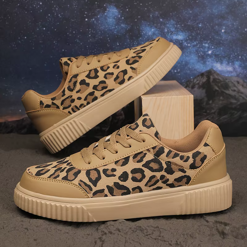 Baskets à plateforme imprimé léopard pour femmes, chaussures vulcanisées à lacets et semelle épaisse