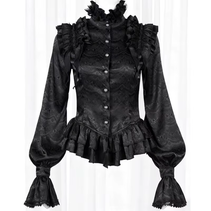 Chemise gothique victorienne de Style médiéval, col haut, volants, garniture en dentelle, manches bo