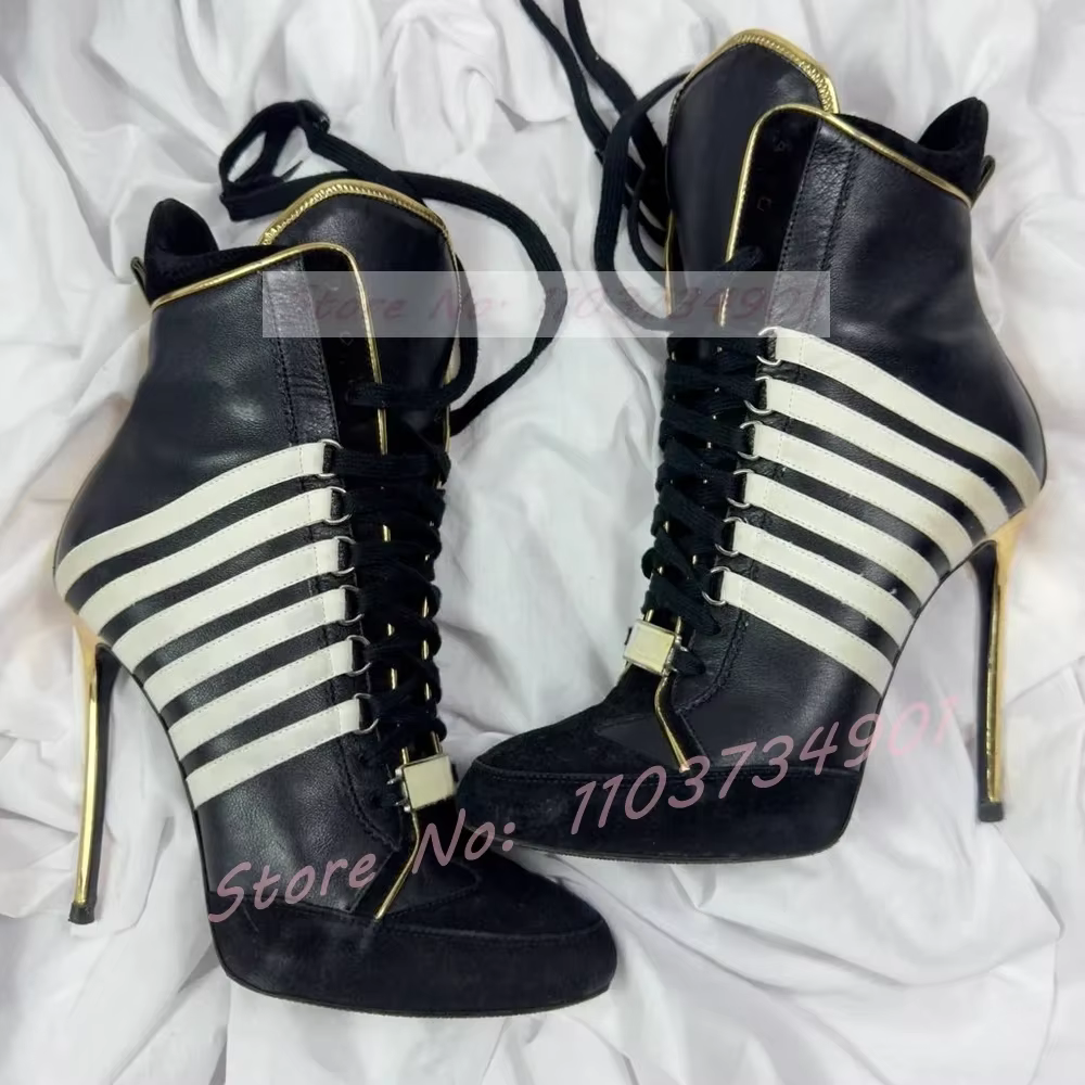 Baskets montantes blanches à talons hauts pour femmes, bottes Sexy en Patchwork, bout rond, à lacets