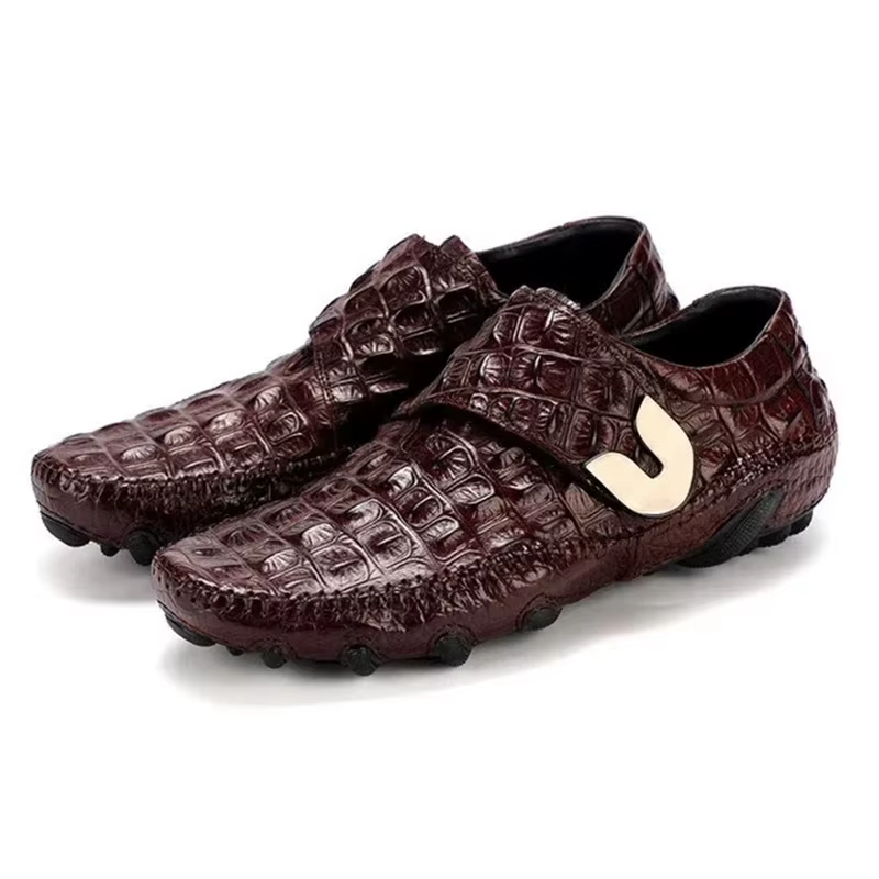 Phenkang hommes en cuir véritable été Alligator Texture Slip-On chaussures décontractées hommes moca